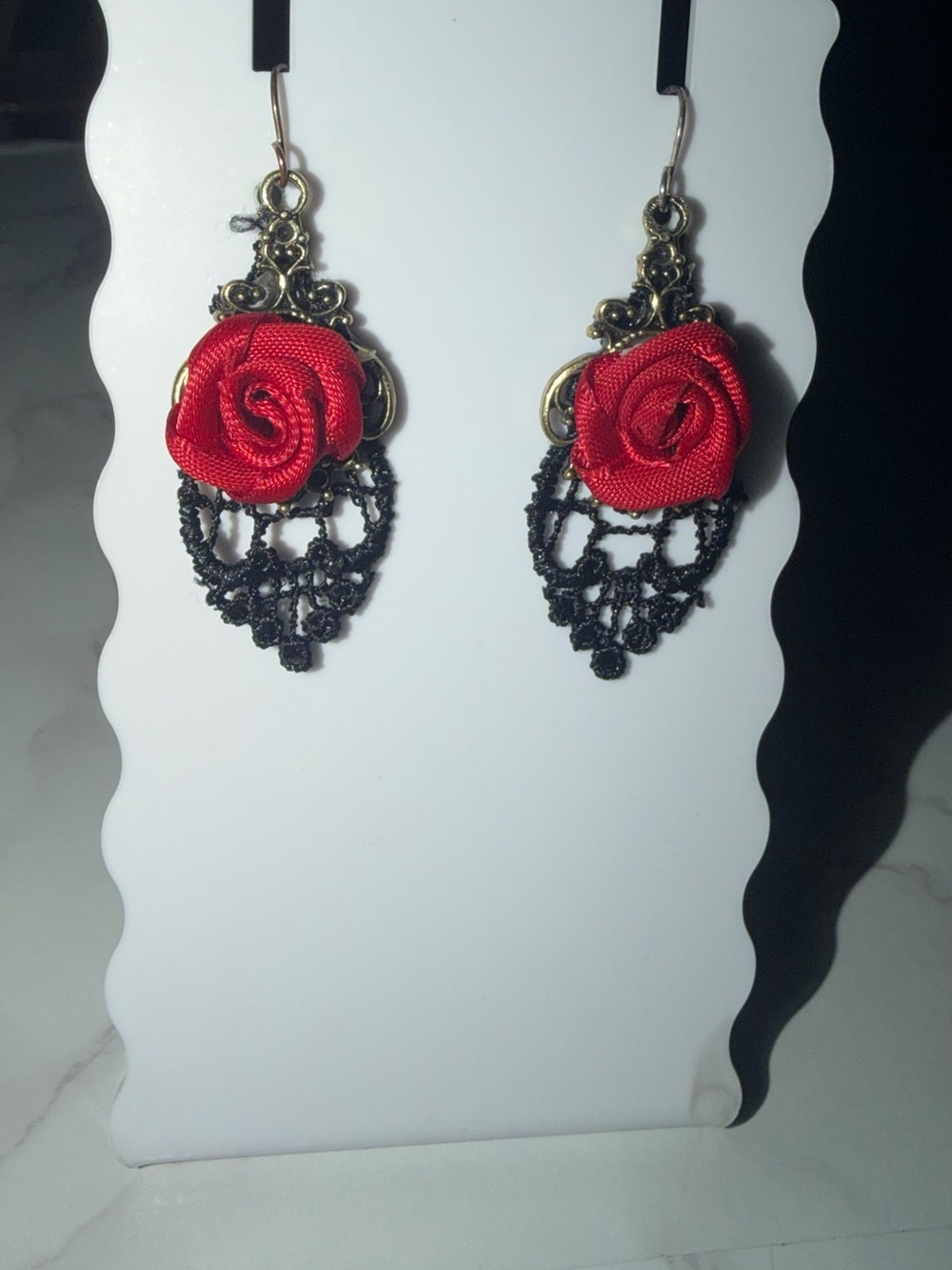 Red Rose Lace Drop Earrings with Antique Gold Accents